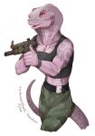  anthro bottomwear breasts camo camo_bottomwear camo_clothing camo_pants camo_print clothing cobra female gun kredri open_mouth pants pattern_bottomwear pattern_clothing pattern_pants pink_body pink_scales ranged_weapon red_eyes reptile rifle scales scalie shirt snake snake_hood solo tank_top topwear weapon 