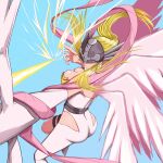 1girl angel_wings angewomon ass asymmetrical_clothes bare_shoulders belt blonde_hair blue_background bodysuit boobplate breasts cleavage closed_mouth commentary_request covered_eyes digimon digimon_(creature) elbow_gloves feathered_wings firing floating floating_hair gloves hagoromo helmet highres hip_vent large_breasts long_hair multiple_wings outstretched_arm ryo@ shawl sidelocks simple_background single_elbow_glove solo thigh_strap white_bodysuit white_gloves winged_helmet wings wrist_wings 