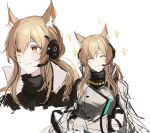  1girl ^_^ animal_ear_fluff animal_ears arknights armor black_shirt blonde_hair breastplate closed_eyes facing_viewer headset highres horse_ears implied_extra_ears joshua_(shisanli934) long_hair looking_at_viewer nearl_(arknights) nearl_the_radiant_knight_(arknights) official_alternate_costume shirt simple_background sketch smile solo sparkle upper_body white_background yellow_eyes 