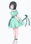  1girl absurdres arms_behind_back bangs black_hair blush crossed_legs dress frilled_dress frills gekijouban_hibike!_euphonium gloves green_dress green_ribbon hair_ornament hasisisissy hat hibike!_euphonium high_heels highres hisaishi_kanade holding holding_clothes holding_hat looking_at_viewer looking_back parted_lips red_eyes ribbon short_hair short_sleeves simple_background smile solo standing white_background white_footwear white_gloves white_headwear 