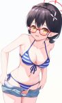  1girl ayane_(blue_archive) ayane_(swimsuit)_(blue_archive) bare_arms bare_shoulders bikini black_hair blue_archive blue_bikini blue_shorts braid breasts cleavage clothes_pull collarbone cowboy_shot french_braid front-tie_bikini front-tie_top frown glasses halo halter_top halterneck highres looking_at_viewer medium_breasts medium_hair miso_(misomiso_154) navel open_clothes open_fly open_mouth pointy_ears red-framed_eyewear short_shorts shorts shorts_pull side-tie_bikini solo stomach string_bikini striped striped_bikini swimsuit undressing yellow_eyes 