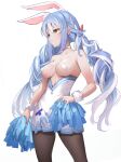  1girl animal_ear_fluff animal_ears blue_hair breasts cowboy_shot extra_ears fuyouchu hand_on_hip high-waist_skirt holding holding_pom_poms hololive long_hair looking_away medium_breasts multicolored_hair pantyhose parted_lips pasties pom_pom_(cheerleading) rabbit_ears red_eyes skirt solo standing twintails two-tone_hair usada_pekora very_long_hair virtual_youtuber white_hair white_skirt wrist_cuffs 