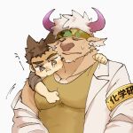  2boys animal_ears armband brown_fur camouflage camouflage_headwear closed_eyes commentary_request cow_ears cow_horns facial_hair furry furry_male goatee green_tank_top headband horns jaggy_lines labcoat large_pectorals male_focus master_1_(housamo) mclw_suisei minotaur multiple_boys muscular muscular_male open_mouth pectorals purple_horns shennong_(housamo) short_hair sweatdrop tank_top tearing_up tokyo_afterschool_summoners upper_body white_background white_hair 