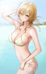  1girl arm_up ass bare_arms bikini blonde_hair blurry blurry_background blush breasts cleavage cowboy_shot day feather_hair_ornament feathers flower from_side genshin_impact hair_between_eyes hair_flower hair_ornament highres huziko32 large_breasts lumine_(genshin_impact) navel open_mouth outdoors short_hair_with_long_locks side-tie_bikini solo standing stomach string_bikini swimsuit wet yellow_bikini 