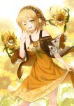  1girl ;) absurdres breasts clothes_lift dress flower hair_ornament headband highres lifted_by_self light_brown_hair one_eye_closed original sho_(sumika) short_hair skirt skirt_lift small_breasts smile solo standing sunflower 