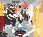  absurd_res anthro balls boundfox2234 butt canid canine canis carrying_over_shoulder chastity_cage chastity_device clothing domestic_dog felid genitals hi_res jockstrap lion locker_room male mammal pantherine towel towel_whip underwear 