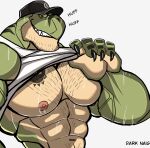  2022 abs anthro barazoku baseball_cap big_muscles bodily_fluids body_hair breath chest_hair claws clothed clothing darknaigart dinosaur english_text facial_hair hat headgear headwear hi_res huge_muscles jace_(darknaig) male muscular muscular_anthro muscular_male navel nipples non-mammal_nipples obliques panting pecs raised_clothing raised_shirt raised_tank_top raised_topwear reptile scalie shirt simple_background smile solo sweat tank_top tattoo teeth text theropod topwear tyrannosaurid tyrannosaurus tyrannosaurus_rex vein white_background 
