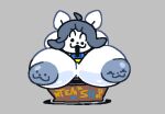  anthro areola big_breasts box breasts container english_text face_nipples female grey_areola grey_hair hair huge_breasts looking_at_viewer nude open_mouth solo superiorfox tem temmie_(undertale) text undertale undertale_(series) video_games white_body 