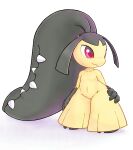  ambiguous_gender black_hair fangs hair hand_on_hip hi_res mawaifu mawile navel nintendo pok&eacute;mon pok&eacute;mon_(species) red_eyes simple_background solo teeth video_games watermark 