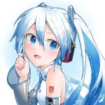  1girl bare_shoulders big_head blue_eyes blue_nails blue_necktie commentary detached_sleeves from_side grey_sleeves hair_ornament hand_up hatsune_miku headphones headset holding holding_microphone light_blue_hair light_smile liquid_hair looking_to_the_side melting microphone necktie open_mouth shirt shoulder_tattoo sleeveless sleeveless_shirt solo supo01 tattoo upper_body vocaloid white_shirt yuki_miku yuki_miku_(2010) 