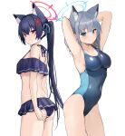  2girls absurdres anger_vein animal_ear_fluff animal_ears armpits arms_up ass bikini blue_archive breasts cross_hair_ornament from_side hair_ornament halo highres mismatched_pupils multiple_girls one-piece_swimsuit ryou_(ponpgo) serika_(blue_archive) serika_(swimsuit)_(blue_archive) shiroko_(blue_archive) shiroko_(swimsuit)_(blue_archive) simple_background swimsuit white_background 