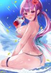  1girl absurdres asphalt494 ass bangs bikini blue_hair blush breasts colored_inner_hair hair_ribbon highres hololive large_breasts long_hair looking_at_viewer minato_aqua multicolored_hair open_mouth pink_hair purple_eyes purple_hair ribbon solo streaked_hair swimsuit thigh_strap twintails two-tone_hair virtual_youtuber 