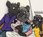  4_fingers anthro baby bad_guy_cafe bed black_body black_fur cathleen_velvetpaw child family felicitas_(shevron) felid female fingers fur furniture grey_hair group hair hospital_bed male mammal pantherine purple_eyes shevron sibling twins yellow_eyes young ziegelzeig 