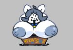  anthro areola big_breasts box breasts container english_text female grey_areola grey_hair grey_nipples hair huge_breasts looking_at_viewer nipples nude open_mouth solo superiorfox tem temmie_(undertale) text undertale undertale_(series) video_games white_body 
