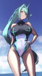  1girl absurdres ass_visible_through_thighs bare_shoulders breasts earrings gloves green_eyes green_hair hair_ornament hakusai_(hksicabb) halterneck hand_on_hip highres jewelry large_breasts looking_at_viewer navel outdoors pneuma_(xenoblade) ponytail skindentation solo standing swimsuit thighs white_gloves xenoblade_chronicles_(series) xenoblade_chronicles_2 