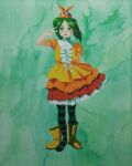  @flowerbud92 boots googly_eyes green_hair highres monogatari_(series) ononoki_yotsugi puffy_sleeves single_boot striped striped_legwear v 
