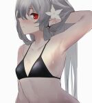  1girl ao_oni_(onioni-aoi) arknights armpits arms_behind_head bikini black_bikini breasts flower grey_hair hair_flower hair_ornament hand_in_own_hair highres long_hair official_alternate_costume pale_skin pointy_ears red_eyes slit_pupils small_breasts swimsuit upper_body warfarin_(arknights) warfarin_(casual_vacation)_(arknights) white_background white_flower 