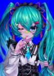  1girl 39 :p bandaid bandaid_on_face bandaid_on_nose bangs belt blue_eyes blue_hair buckle clenched_hand clothing_cutout collared_shirt commentary food-themed_hair_ornament frilled_suspenders frills hair_ornament hair_ribbon hairband hairclip hand_up hatsune_miku heart heart-shaped_buckle highres holding holding_hair huu-cross index_finger_raised jewelry leather lolita_hairband long_hair long_sleeves looking_at_viewer necklace necktie one_eye_closed ribbon shirt solo spring_onion_hair_ornament sticker_on_face suspenders tie_clip tongue tongue_out twintails vocaloid wing_collar x_hair_ornament 