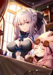  2girls bangs blue_eyes blush breasts fate/grand_order fate_(series) grey_hair habetrot_(fate) highres large_breasts long_hair long_sleeves morgan_le_fay_(fate) multiple_girls ninoude_(ninoude44) pink_hair ponytail smile very_long_hair 