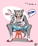  anthro beastars boxers_(clothing) canid canine canis clothing demyxanthony female footwear haru_(beastars) hi_res lagomorph legoshi_(beastars) leporid male mammal pregnancy_test pregnant pregnant_male rabbit sitting socks underwear wolf 