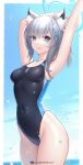  1girl animal_ear_fluff animal_ears armpits arms_behind_head blue_archive blue_eyes breasts cloud covered_navel cowboy_shot grey_hair groin hair_ornament halo highleg highleg_swimsuit highres horizon jurrig medium_breasts mismatched_pupils navel ocean one-piece_swimsuit shiroko_(blue_archive) sky solo swimsuit symbol-only_commentary water_drop 