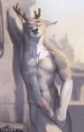  anthro antlers arm_support broken_antler cervid chest_tuft erection foreskin genitals horn leaning_on_elbow leaning_on_wall looking_at_viewer looking_seductive lynncore male mammal partially_retracted_foreskin penis signature solo tuft wundy_(wundy) 