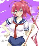  1girl blue_sailor_collar blue_swimsuit cleaning_brush commentary_request cowboy_shot gakky hair_ribbon i-168_(kancolle) kantai_collection long_hair looking_at_viewer neckerchief one-hour_drawing_challenge pink_eyes ponytail red_hair red_neckerchief ribbon sailor_collar school_swimsuit school_uniform serafuku solo swimsuit swimsuit_under_clothes 