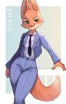  anthro business_suit canid canine clothing diane_foxington digital_media_(artwork) dreamworks english_text eyebrow_piercing facial_piercing female fluffu fox fox_tail green_eyes grin mammal necktie piercing simple_background smile solo suit text the_bad_guys 