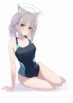  1girl animal_ear_fluff animal_ears arm_behind_head arm_support arm_up blue_archive blush competition_swimsuit grey_hair halo head_tilt highres looking_at_viewer one-piece_swimsuit ponytail precisionrecall shiroko_(blue_archive) shiroko_(swimsuit)_(blue_archive) simple_background sitting solo swimsuit white_background yokozuwari 