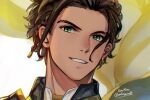  1boy braid brown_hair claude_von_riegan earrings fire_emblem fire_emblem:_three_houses green_eyes grin jewelry looking_at_viewer male_focus portrait short_hair signature single_braid smile soc_nau solo twitter_username 