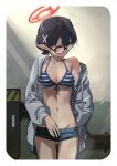  1girl ayane_(blue_archive) ayane_(swimsuit)_(blue_archive) bare_shoulders bikini black-framed_eyewear black_hair blue_archive blue_bikini blue_shorts braid breasts cleavage collarbone cowboy_shot denim denim_shorts french_braid front-tie_bikini front-tie_top glasses grey_jacket hair_ornament halo halter_top halterneck highres jacket long_sleeves looking_at_viewer medium_breasts navel ningen_(ningen96) off_shoulder open_clothes open_jacket pointy_ears short_hair short_shorts shorts solo stomach string_bikini striped striped_bikini sweat swimsuit thighs x_hair_ornament yellow_eyes 