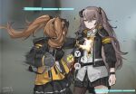  2girls artist_name bangs black_gloves black_legwear black_skirt blurry blurry_background brown_hair closed_mouth cowboy_shot dated expressionless fingerless_gloves girls&#039;_frontline gloves goggles goggles_on_head grey_hair hair_between_eyes hair_ornament health_bar highres hitting jacket long_hair looking_at_another metal_gear_(series) metal_gear_rising:_revengeance mod3_(girls&#039;_frontline) multiple_girls night_vision_device one_side_up open_clothes open_jacket pantyhose parody pleated_skirt sawkm scar scar_across_eye scar_on_face shirt skirt twintails ump45_(girls&#039;_frontline) ump9_(girls&#039;_frontline) white_shirt yellow_eyes 