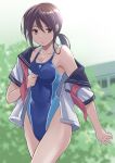  1girl black_hair blue_sailor_collar blue_swimsuit blurry blurry_background breasts brown_eyes building company_connection competition_swimsuit cowboy_shot highleg highleg_swimsuit highres long_hair low_ponytail medium_breasts neckerchief no_pants one-piece_swimsuit open_clothes open_shirt original red_neckerchief sailor_collar sailor_shirt school_uniform serafuku shirt solo swimsuit swimsuit_under_clothes undressing unkochan93 upper_body 