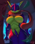  2022 4:5 anthro big_breasts blue_body breasts curvaceous curvy_figure digital_media_(artwork) digital_painting_(artwork) female forest greninja hi_res katana kunai leaf melee_weapon nintendo paradoxing plant pok&eacute;mon pok&eacute;mon_(species) red_eyes solo sword thick_thighs tongue tongue_out tree video_games voluptuous weapon wide_hips yellow_body 