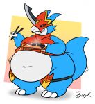  anthro armor bandai_namco belly belt big_belly blue_body bunearyk chopsticks claws digimon digimon_(species) flamedramon food grin hi_res male navel overweight smile solo sushi 