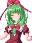  1girl aka_tawashi bangs blush bow breasts collared_dress commentary_request cross-laced_footwear dress frilled_ribbon frilled_sleeves frills front_ponytail green_eyes green_hair hair_bow hair_ribbon kagiyama_hina medium_hair parted_lips puffy_short_sleeves puffy_sleeves red_dress ribbon short_sleeves simple_background small_breasts touhou upper_body white_background wrist_cuffs wrist_ribbon 