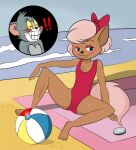  &lt;3 beach black_eyes black_nose blush brokenbone clothing comic domestic_cat felid feline felis female fluffy fluffy_tail fur hi_res mammal metro-goldwyn-mayer pink_clothing pink_ribbon pink_swimwear sand seaside smile spread_legs spreading swimwear tan_body tan_fur thomas_cat tom_and_jerry 