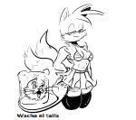  2_tails ambiguous_gender anthro bread canid canine clothed clothing domestic_cat duo felid feline felis food fox gesture intersex intersex/male male mammal miles_prower monochrome multi_tail partially_clothed pointing pointing_at_another sega sonic_the_hedgehog_(series) spanish_text text 