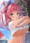  1girl ahoge amayo_(amayo000) bangs black_ribbon blush breasts breath clothes_lift cloud duplicate green_eyes hair_ribbon hololive large_breasts lifted_by_self long_hair looking_at_viewer navel no_bra one_side_up open_mouth outdoors pink_hair pixel-perfect_duplicate ribbon sakura_miko shaved_ice shirt shirt_lift sky solo sweat underboob upper_body virtual_youtuber wet wet_clothes white_shirt wind_chime 