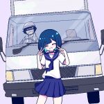  1boy 1girl blue_hair blue_sailor_collar blue_skirt censored chibikki choker closed_eyes double_v grin ground_vehicle hat highres identity_censor imminent_death motor_vehicle nanako_(chibikki) original pixel_art pleated_skirt sailor_collar school_uniform short_hair skirt smile symbol-only_commentary truck trucker v 