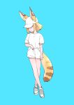  1girl alternate_costume animal_ears baseball_cap blonde_hair cat_ears cat_girl cat_tail ears_through_headwear extra_ears full_body hat highres kemono_friends kuromitsu_(9633_kmfr) serval_(kemono_friends) shirt shoes short_hair short_sleeves shorts sneakers solo t-shirt tail white_footwear white_headwear white_shirt white_shorts 