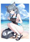  1girl absurdres adjusting_clothes adjusting_swimsuit animal_ear_fluff animal_ears bag bangs bare_shoulders black_nails black_swimsuit blue_archive blue_eyes blush border breasts bright_pupils collarbone competition_swimsuit cross_hair_ornament duffel_bag full_body grey_hair hair_ornament halo highres long_hair medium_breasts mismatched_pupils mountainous_horizon nail_polish ocean one-piece_swimsuit outside_border parted_lips sandals shiroko_(blue_archive) side_ponytail sideboob solo squatting swimsuit toenail_polish toenails water white_border wolf_ears yume_(454565427) 