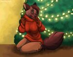  anthro bottomless bottomless_female breasts brown_body brown_fur christmas christmas_tree clothed clothing eyes_closed female fur herm_(lore) holidays hyaenid mammal markings nonbinary_(lore) plant red_clothing sitting solo spots spotted_hyena spotted_markings string_lights sushi-s sweater topwear tree trevor_pride_(knotfunny) whiskers 