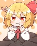  1girl :t ascot bangs black_skirt black_vest blonde_hair clenched_hands coruthi cowboy_shot hair_ribbon highres long_sleeves looking_at_viewer pout red_ascot red_eyes red_ribbon ribbon rumia shirt short_hair skirt solo squiggle standing touhou vest white_shirt 