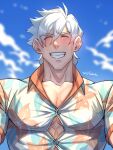  1boy bangs bara blush bursting_pectorals closed_eyes collarbone embarrassed fate/grand_order fate_(series) grin hawaiian_shirt highres large_pectorals male_focus muscular muscular_male pectorals percival_(fate) shirt short_hair sky smile solo sweat tight tight_shirt twitter_username white_hair yaosan233 