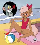  anus beach black_eyes black_nose blush brokenbone clothing comic domestic_cat felid feline felis fluffy fluffy_tail fur genitals hi_res mammal metro-goldwyn-mayer pink_clothing pink_ribbon pink_swimwear pussy sand seaside smile spread_legs spreading swimwear tan_body tan_fur thomas_cat tom_and_jerry 