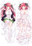  1girl bangs bed_sheet black_cardigan black_ribbon blue_eyes bow breasts cardigan cleavage closed_mouth collarbone collared_shirt dakimakura_(medium) dress dress_shirt from_above full_body garter_straps go-toubun_no_hanayome green_skirt hair_ribbon high_heels large_breasts long_hair long_sleeves looking_at_viewer lying miniskirt moeanime nakano_nino on_back open_cardigan open_clothes panties pink_hair pleated_skirt pumps ribbon school_uniform shiny shiny_hair shirt short_dress skirt smile solo split_screen strapless strapless_dress thighhighs twintails underwear very_long_hair wedding_dress white_bow white_dress white_footwear white_legwear white_panties white_shirt wing_collar 