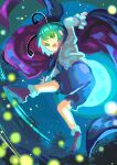  1girl :d antennae bangs blue_pants cape forest full_body green_eyes green_hair highres kotonoman light_particles long_sleeves looking_at_viewer nature night one-hour_drawing_challenge open_mouth outdoors pants shirt short_hair sky smile solo star_(sky) starry_sky touhou white_shirt wriggle_nightbug 