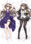  1girl armpits arms_up bangs bare_legs barefoot bed_sheet black_cardigan black_legwear bracelet cardigan closed_mouth dakimakura_(medium) dress dress_shirt floating_hair from_above full_body girls&#039;_frontline grey_skirt hair_between_eyes hair_ribbon jewelry long_hair long_sleeves looking_at_viewer lying miniskirt moeanime nail_polish on_back open_cardigan open_clothes panties panties_under_pantyhose pantyhose pleated_skirt purple_dress purple_nails ribbon scar scar_across_eye shiny shiny_hair shiny_skin shirt side_ponytail skirt sleeveless sleeveless_dress smile solo thighlet toenail_polish toenails ump45_(girls&#039;_frontline) underwear very_long_hair white_shirt yellow_eyes 