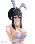  1girl absurdres animal_ears bangs bare_arms bare_shoulders black_hair bow bowtie breast_hold breasts cleavage closed_mouth commentary_request detached_collar dot_nose expressionless eyelashes fake_animal_ears hair_between_eyes hairband highres instagram_username leotard long_bangs long_hair looking_at_viewer playboy_bunny red_eyes shio_aw simple_background solo spy_x_family strapless strapless_leotard upper_body v-shaped_eyebrows white_background white_leotard wrist_cuffs yellow_bow yellow_bowtie yellow_hairband yor_briar 